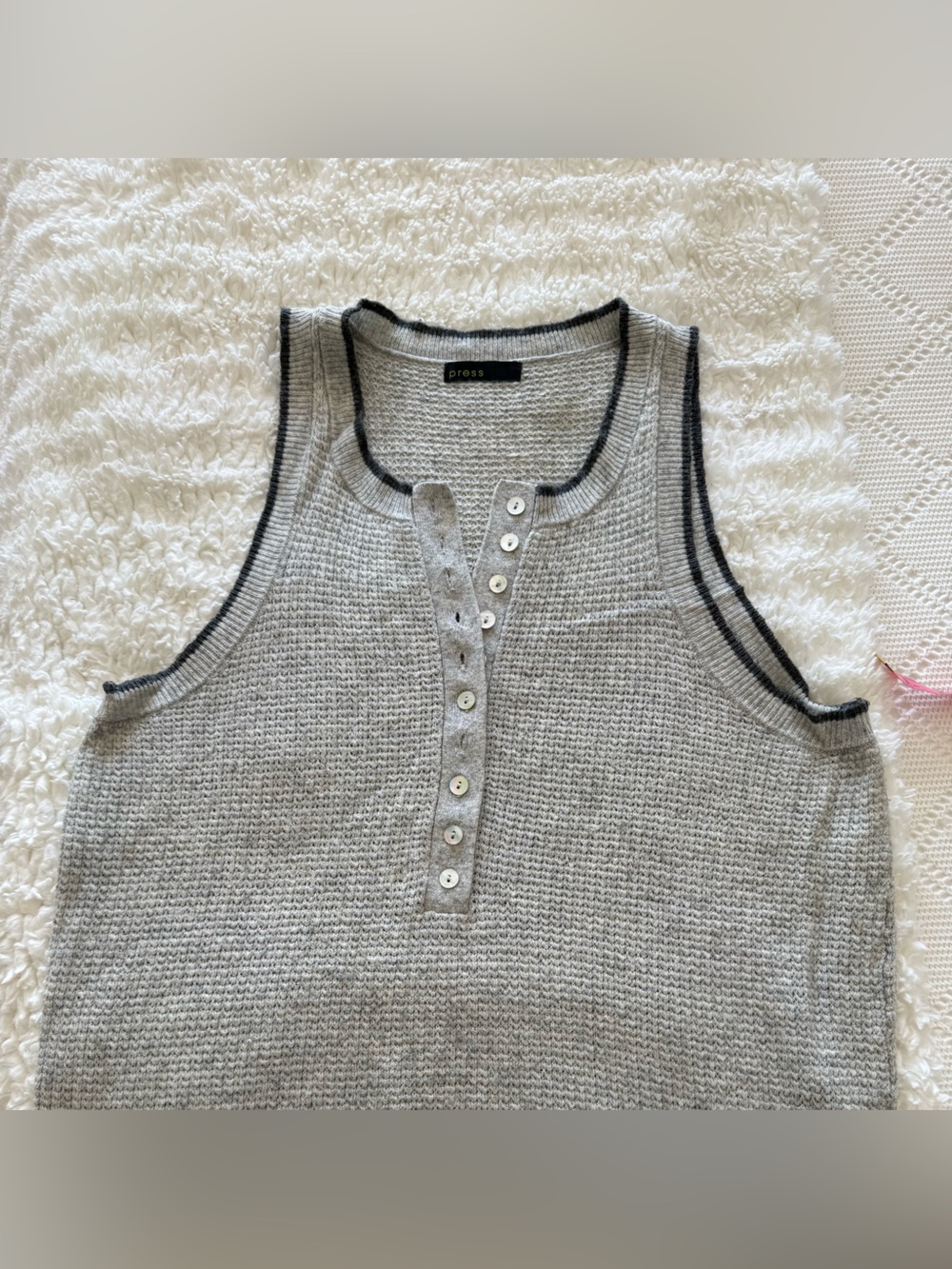 Gray Texture Cashmere Knit Button-Up Sleeveless Top
